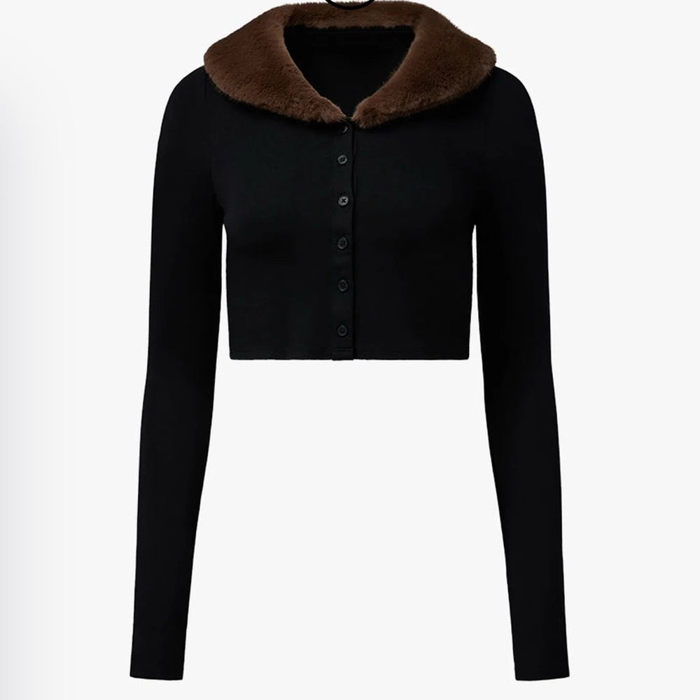 WeWoreWhat Black Cropped Cardigan with Brown Collar